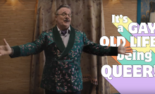 A screenshot from the lyric video of "Gay Old Life" from "Dicks: The Musical."