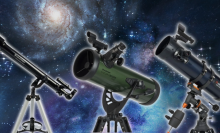 Three Celestron telescope models overlaid on an outer space background