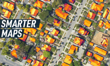 An aerial satellite map of a suburban neighbourhood show orange 'hot zones' on the houses' rooftops, indicating their solar energy potential