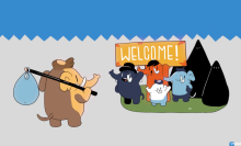 An illustration of Mastodon characters holding a 'Welcome' sign.