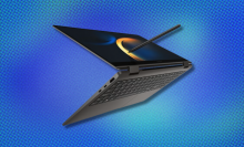 The Samsung Galaxy Book3 360 laptop shown with a stylus pen over a bluish background