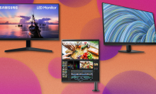 composite of three computer monitors against a pink and orange dotted background