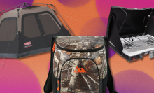A tent, a camp stove, and a cooler from the brands Coleman and Arctic Zone, overlaid on a pinkish-orange background of circles