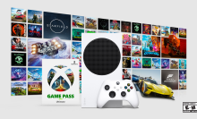 the xbox series s starter bundle in front of a collage of games available on xbox game pass