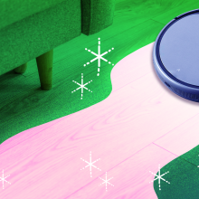 Pink and green illustration of robot vacuum cleaning a floor