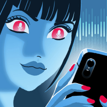 An illustrated woman listens to audio on her phone
