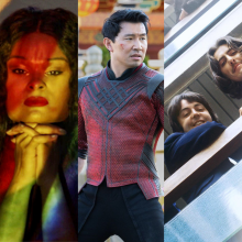 Five images from "The Mandalorian," "Pride," "Shang-Chi," "Get Back," and "Free Solo," side by side. 