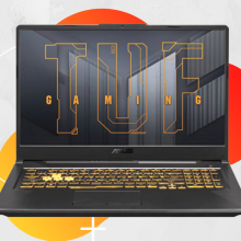 ASUS TUF F17 Gaming Laptop with orange yellow and white background
