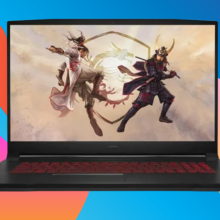 MSI Katana with two characters fighting as a screensaver against a blue background with orange/pink squiggles.