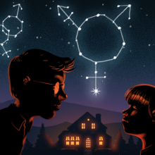 A parent talks to a child with constellations in the background displaying various symbols representing gender identities