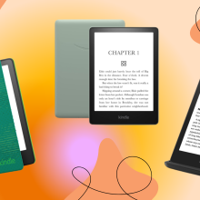 Kindle Paperwhite Kids, Kindle Paperwhite Signature Edition, and Kindle Paperwhite reading tablets overlayed on a colorful background with shapes.