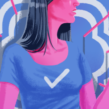 An illustration of a person with a blue checkmark T-shirt standing in the middle of a target, surrounded by arrows.