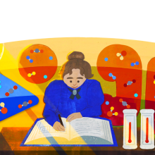 A brightly-colored illustration of a woman writing in a large book.
