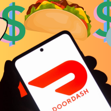 Illustrations of pizza, tacos, pasta, dollar signs, and a hand holding up a phone with the Doordash logo on it — overlaid on a gradient bright background.