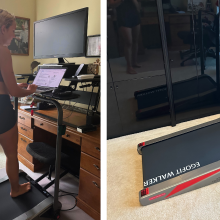 Two side-by-side images of the author using the Egofit under-desk treadmill and the actual treadmill standing on the floor.