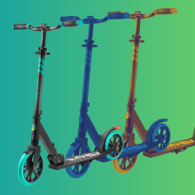 Three SereneLife scooters shown overlaid on top of each other over a colorful gradient background.
