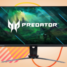 Acer Predator monitor with green logo against an orange and peach background
