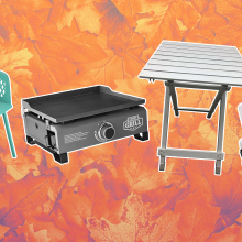 Collage of outdoor fall products, including chairs, a grill, an outdoor table, and a cooler on a background of leaves.