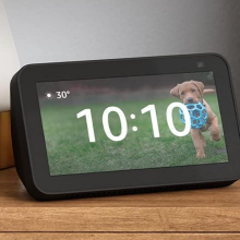 amazon echo show on a wood nightstand with a picture of a puppy on the right corner display