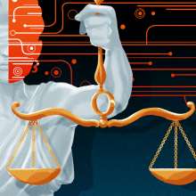 An illustration of artificial intelligence against the law, with a woman holding balance scales.