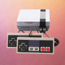retro gaming console with red gradient background