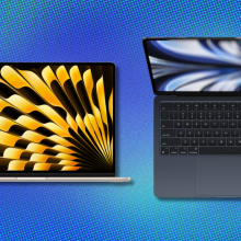 The 13" and 15" MacBook Airs overlaid on a blue, gradient-like background