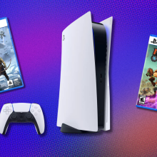 Playstation 5 and two games on a colorful gradient background