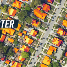 An aerial satellite map of a suburban neighbourhood show orange 'hot zones' on the houses' rooftops, indicating their solar energy potential