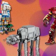 Lego sets featuring Minecraft, Star Wars, and Marvel characters overlaid on a colorful background