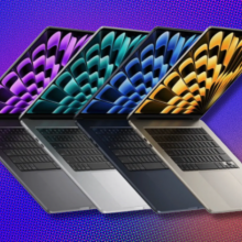 Four 15-inch M2 MacBook Airs overlaid on each other over a multi-colored background