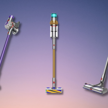 Dyson cordless vacuums with purple and pink gradient background