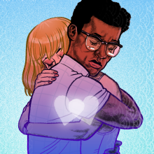 two people hugging with two white hearts joining at their chests