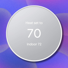 Google Smart Thermostat on abstract purple background 