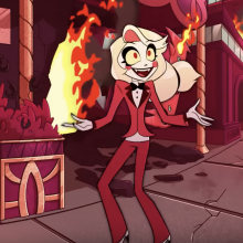 An animation of a smiling girl walking down a street on fire.