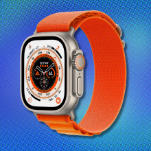 Apple Watch Ultra on blue halftone abstract background