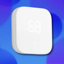 Amazon Smart Thermostat on blue and purple abstract background