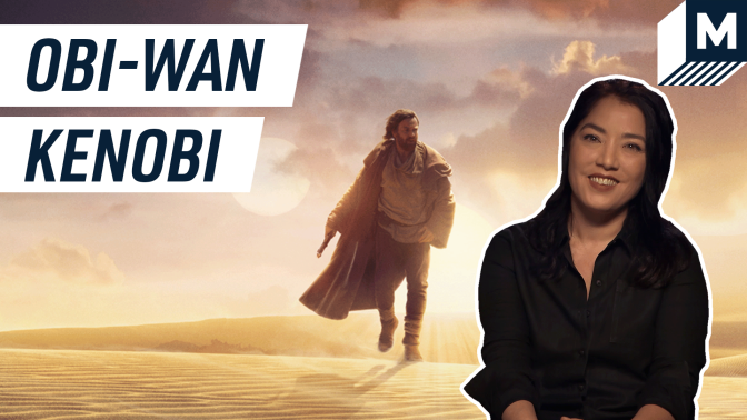 Deborah Chow smiling in front of an image of Obi-Wan Kenobi walking in the desert