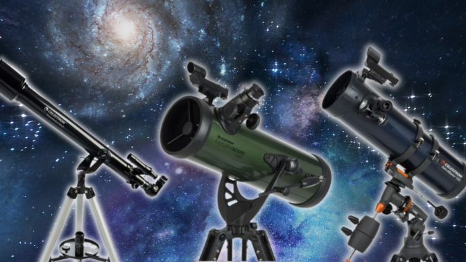Three Celestron telescope models overlaid on an outer space background