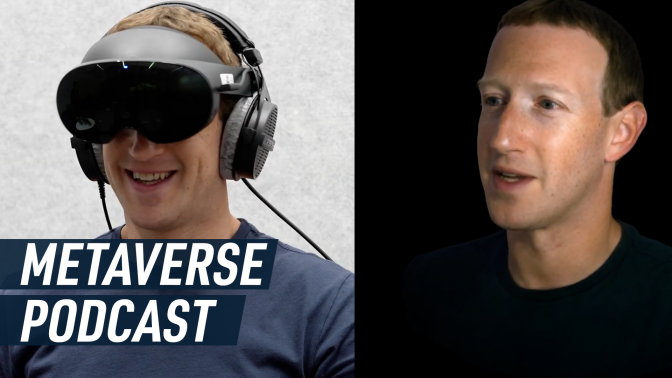 side by side of mark zuckerberg wearing a meta quest headset and his avatar in the metaverse