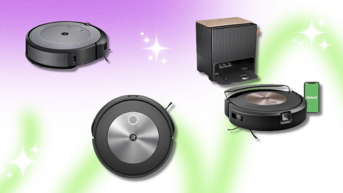 Roomba i5, Roomba j7+, and Roomba Combo j9+ with dock on purple, green, and white background with sparkles