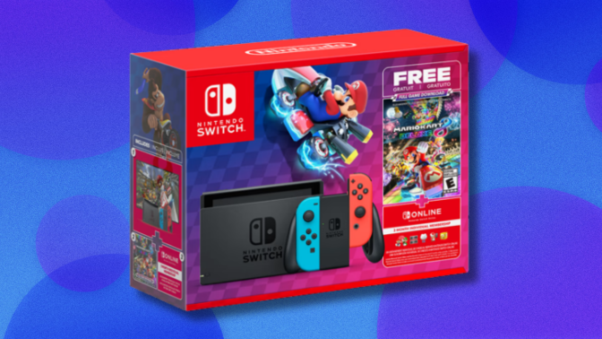box art for the nintendo switch 'mario kart 8 deluxe' bundle against a blue and purple abstract background