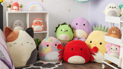 Squishmallow stuffed animals on floor and wall net in child's bedroom